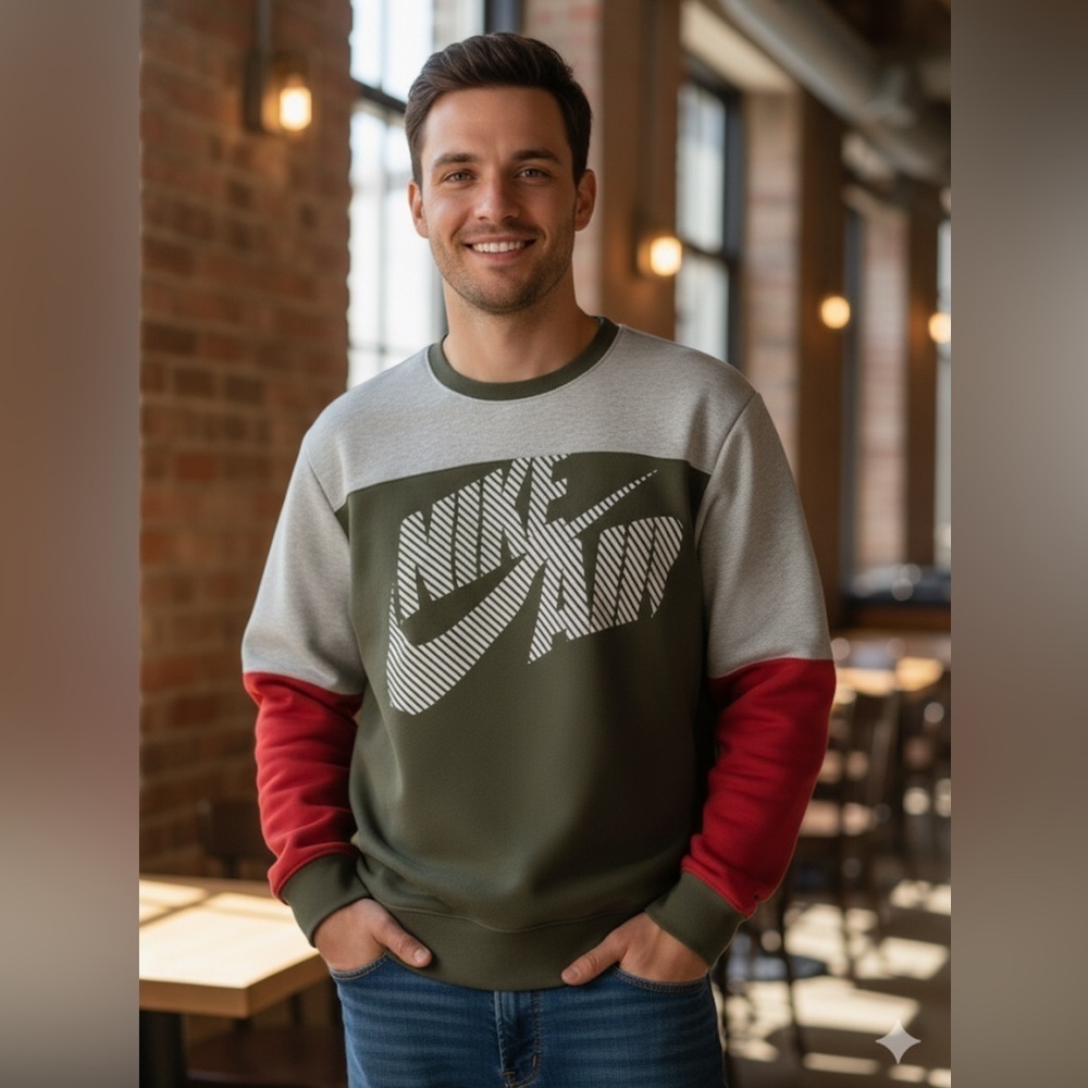 Nike Men's Crewneck Sweater - Gray, Red, and Green